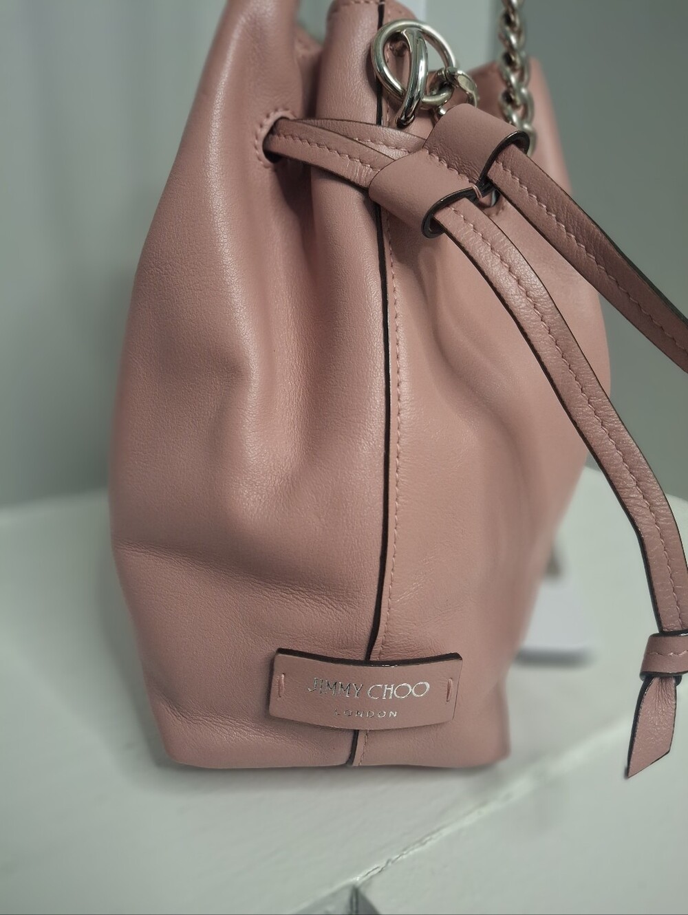 Jimmy Choo Callie Drawstring Bucket Bag NWT COA Blush Calf Leather Made in Italy - Picture 4 of 10